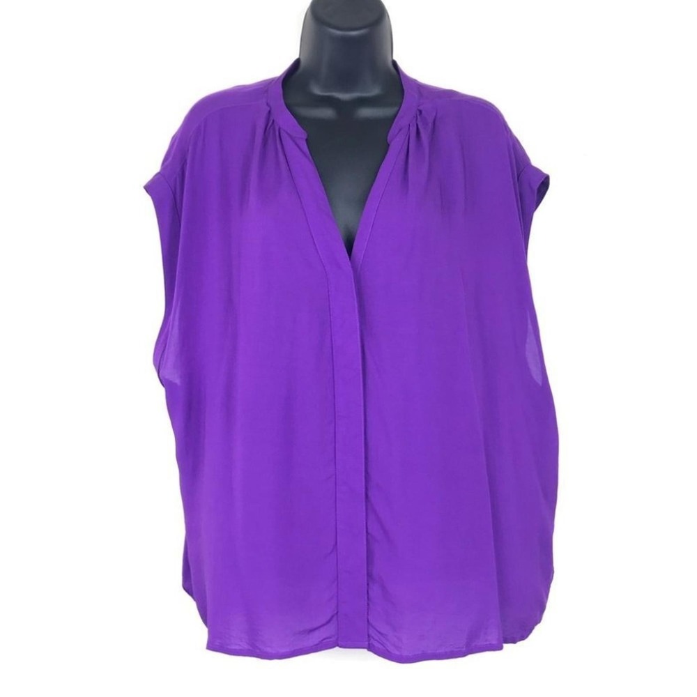 Purple Button Front Short Sleeve Blouse | Career Casual Chic Timeless - Picture 2 of 5